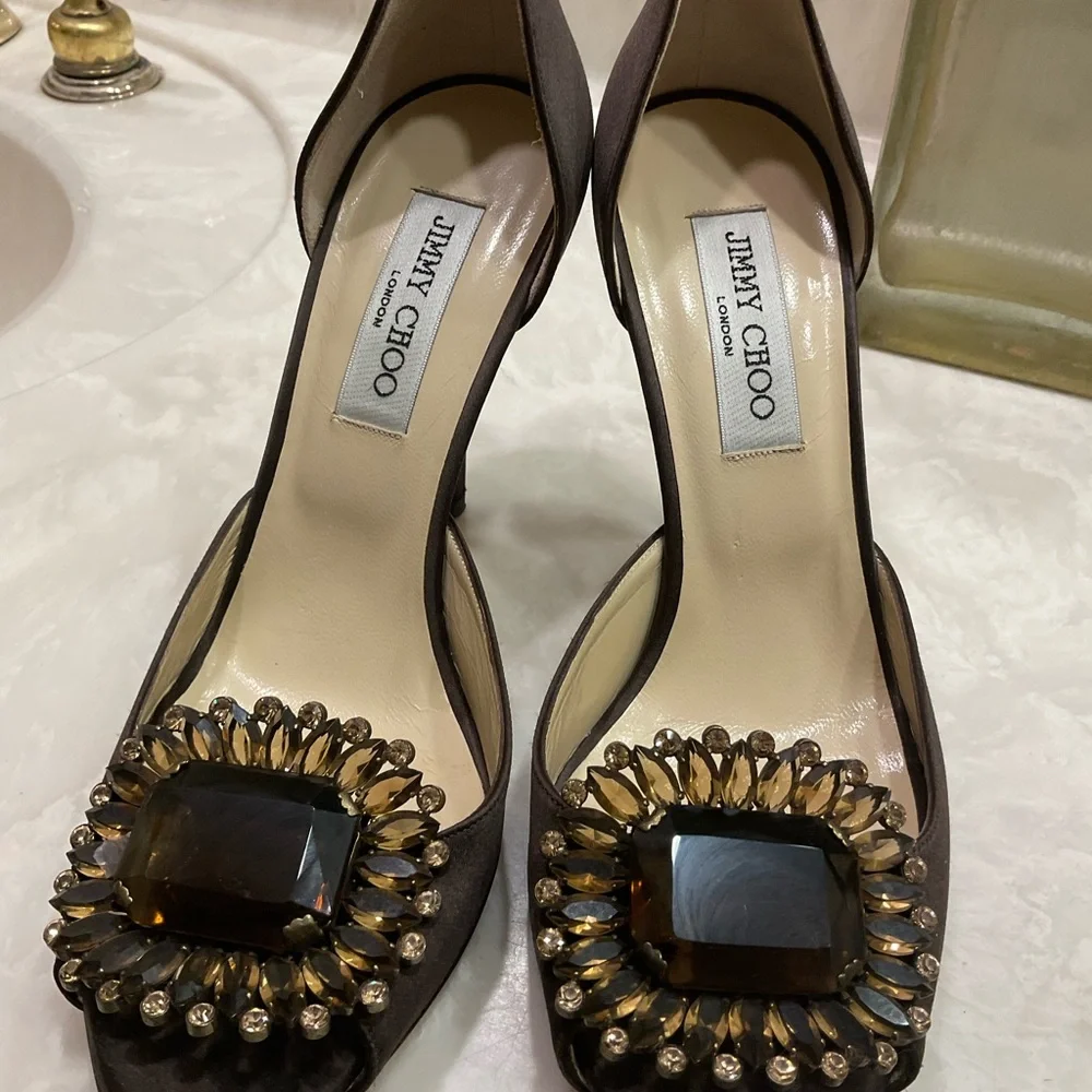 Jimmy Choo Bejeweled Brown Satin Pumps, Vintage, Excellent Condition, Sz 8.5/39 - Picture 11 of 16